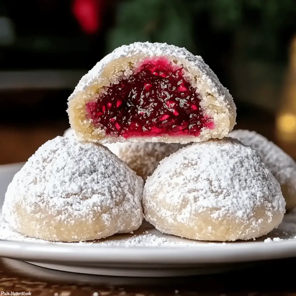 Raspberry Filled Almond Snowball Cookies