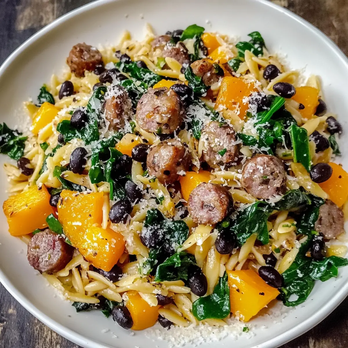 Butternut Squash and Black Bean Orzo with Sausage and Spinach