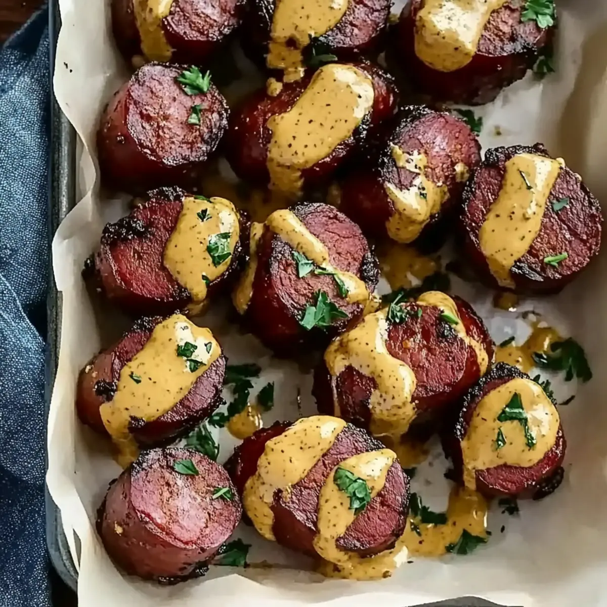 Mustard Hasselback Kielbasa Bites