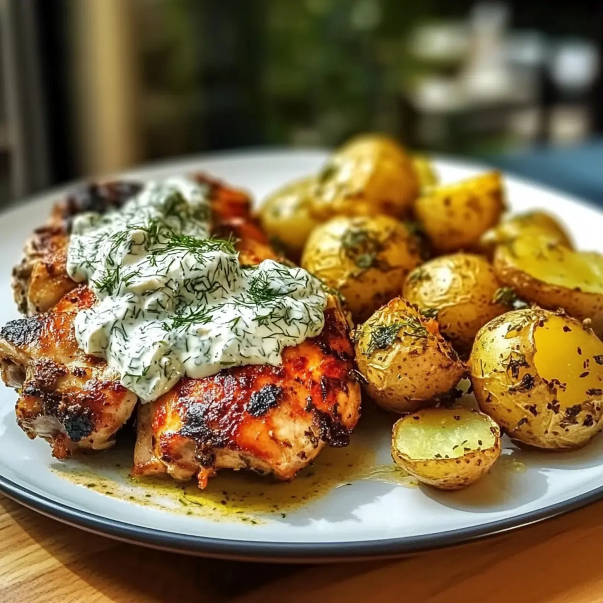 Spicy Yogurt Marinated Chicken with Dill Feta Cream & Crispy Baby Potatoes