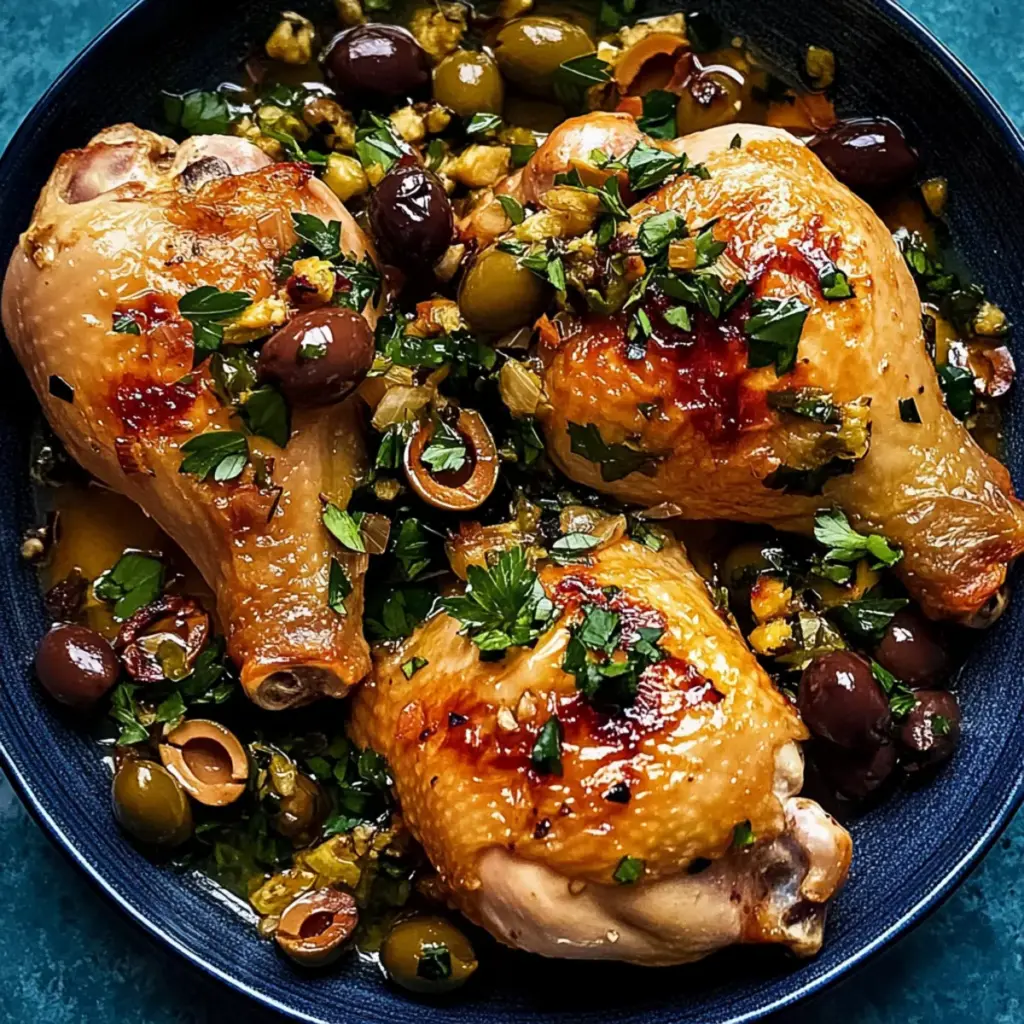 Chicken Quarters with Shallots and Olive Salad