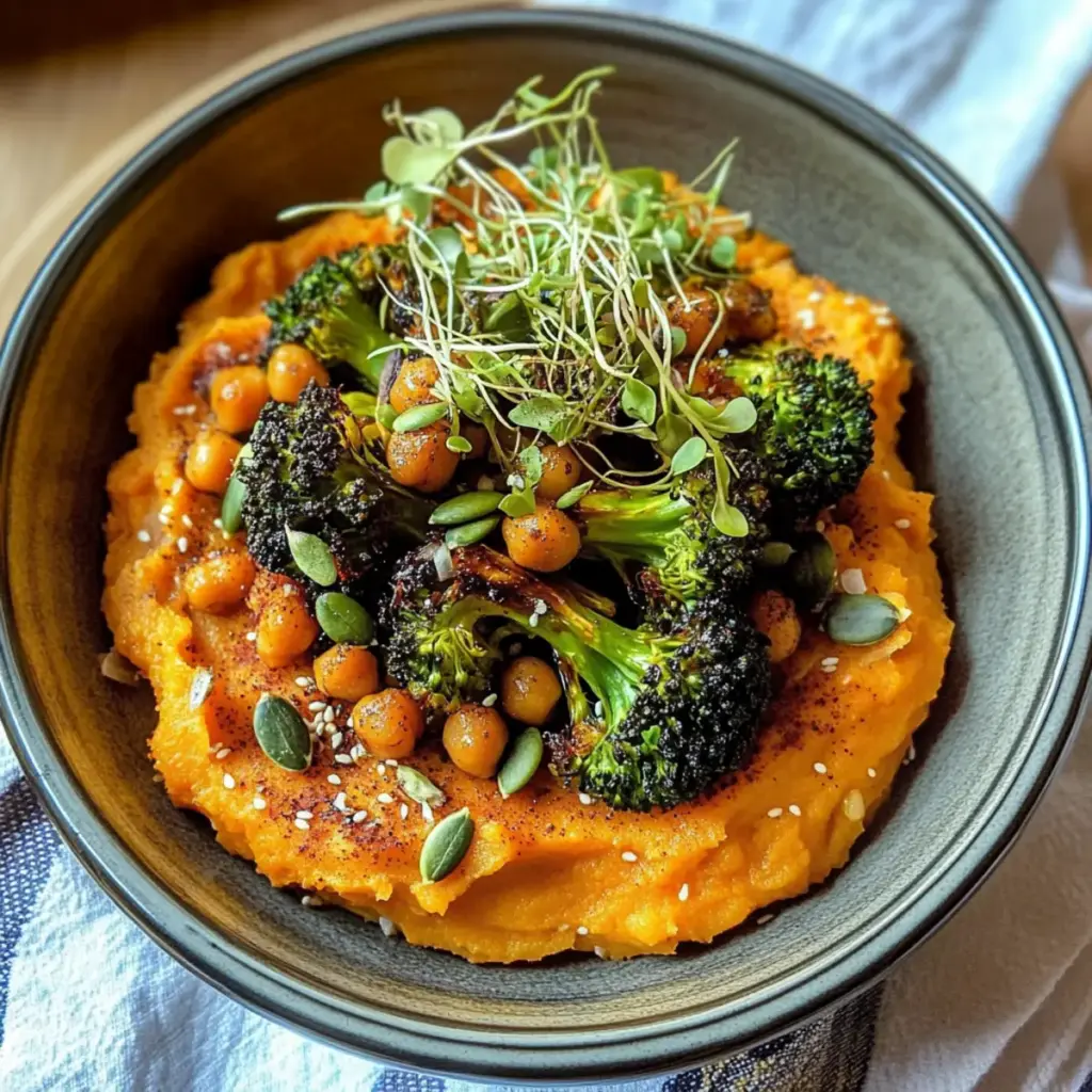 Broccoli with Mashed Miso Sweet Potatoes