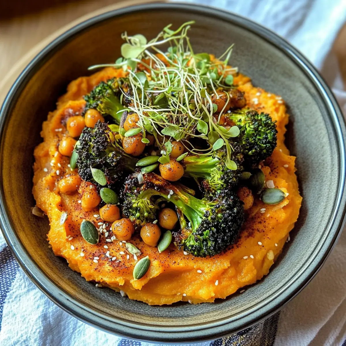 Broccoli with Mashed Miso Sweet Potatoes