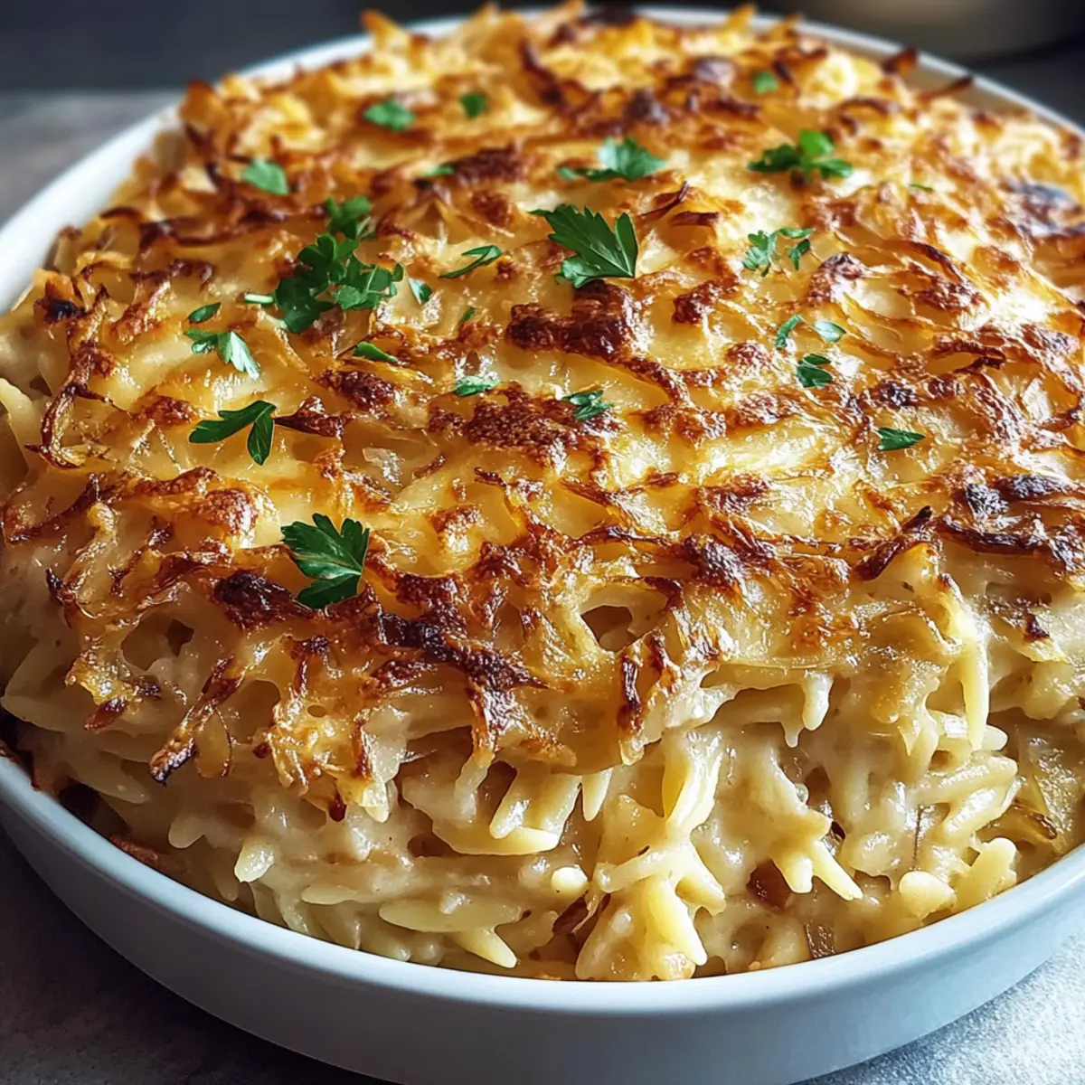 French Onion Orzo Bake
