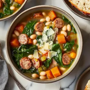 Slow Cooker Sausage, Spinach and White Bean Soup