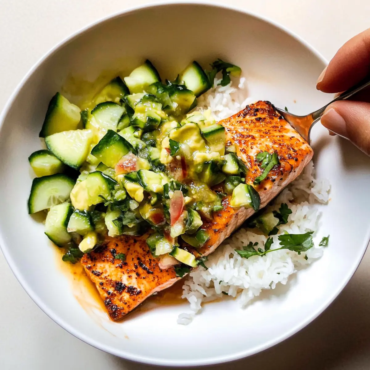 Bang Bang Salmon with Avocado Cucumber Salsa