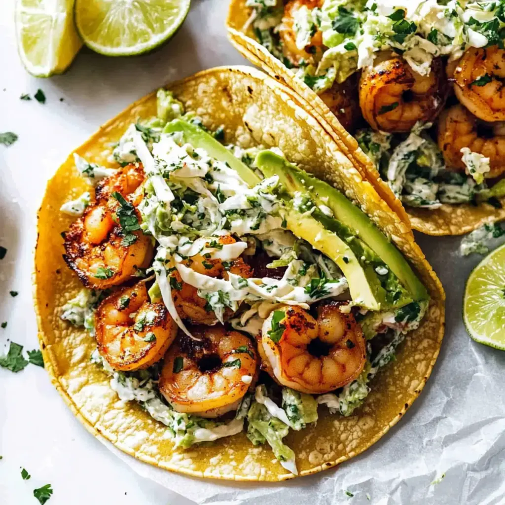 Spicy Shrimp Tacos with Garlic Cilantro Lime Slaw