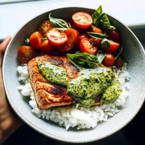 Salmon with Basil Sauce and Tomato Salad