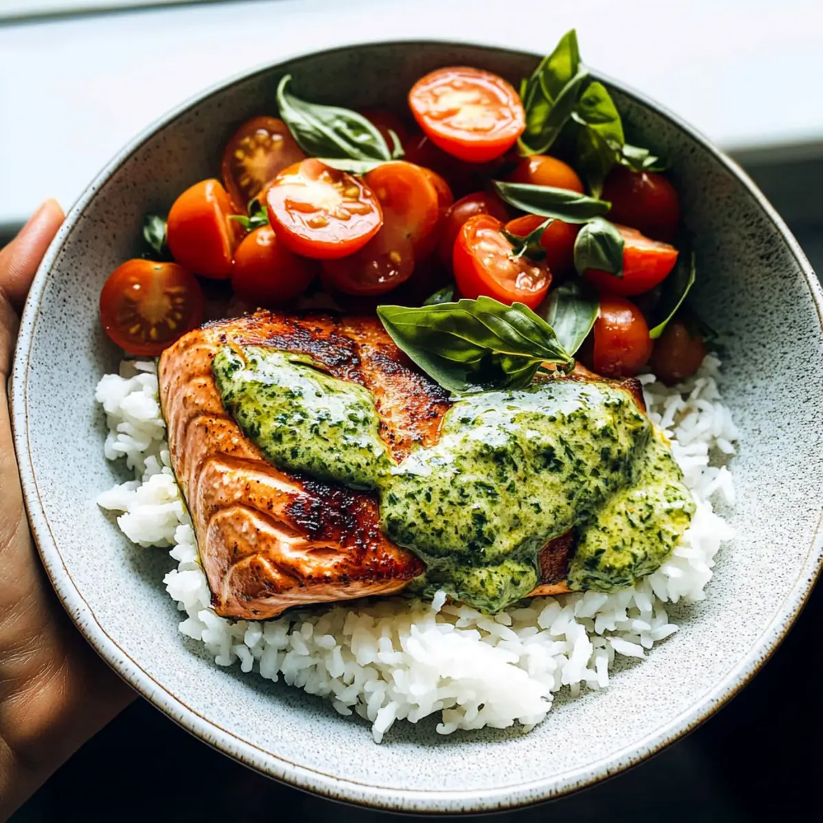 Salmon with Basil Sauce and Tomato Salad