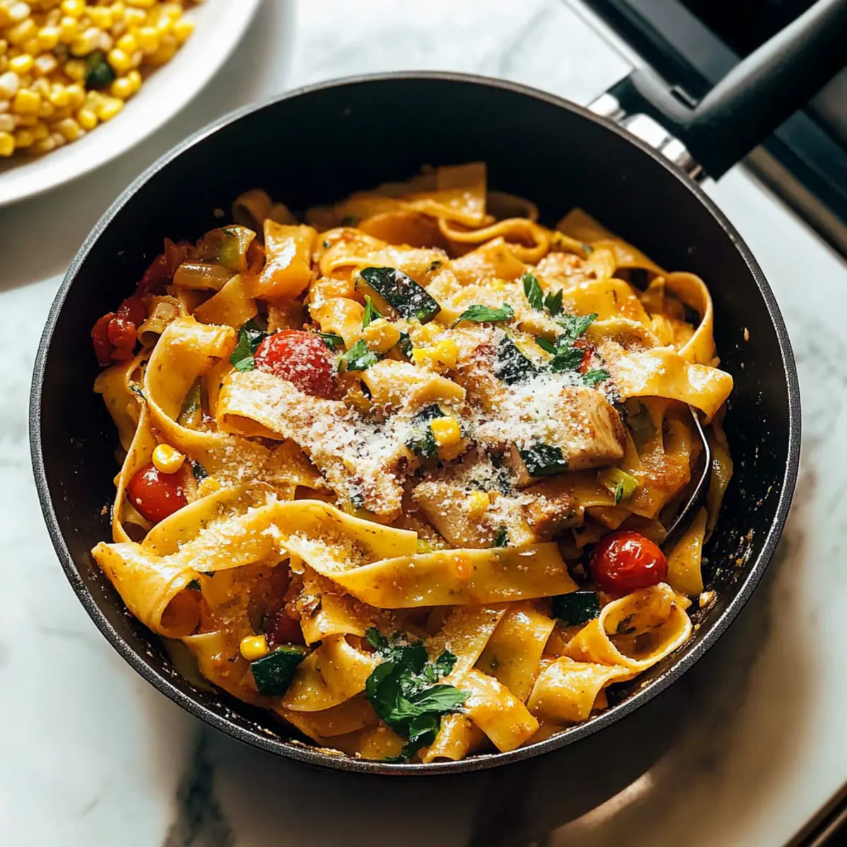 Burst Tomato Pappardelle with Zucchini, Sweet Corn, and Pan-Fried Chicken