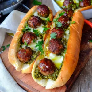 Basil Pesto Sweet Sticky Meatball Sandwich