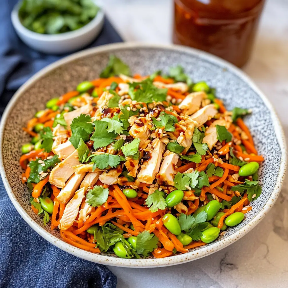 Asian carrot salad with chicken and edamame
