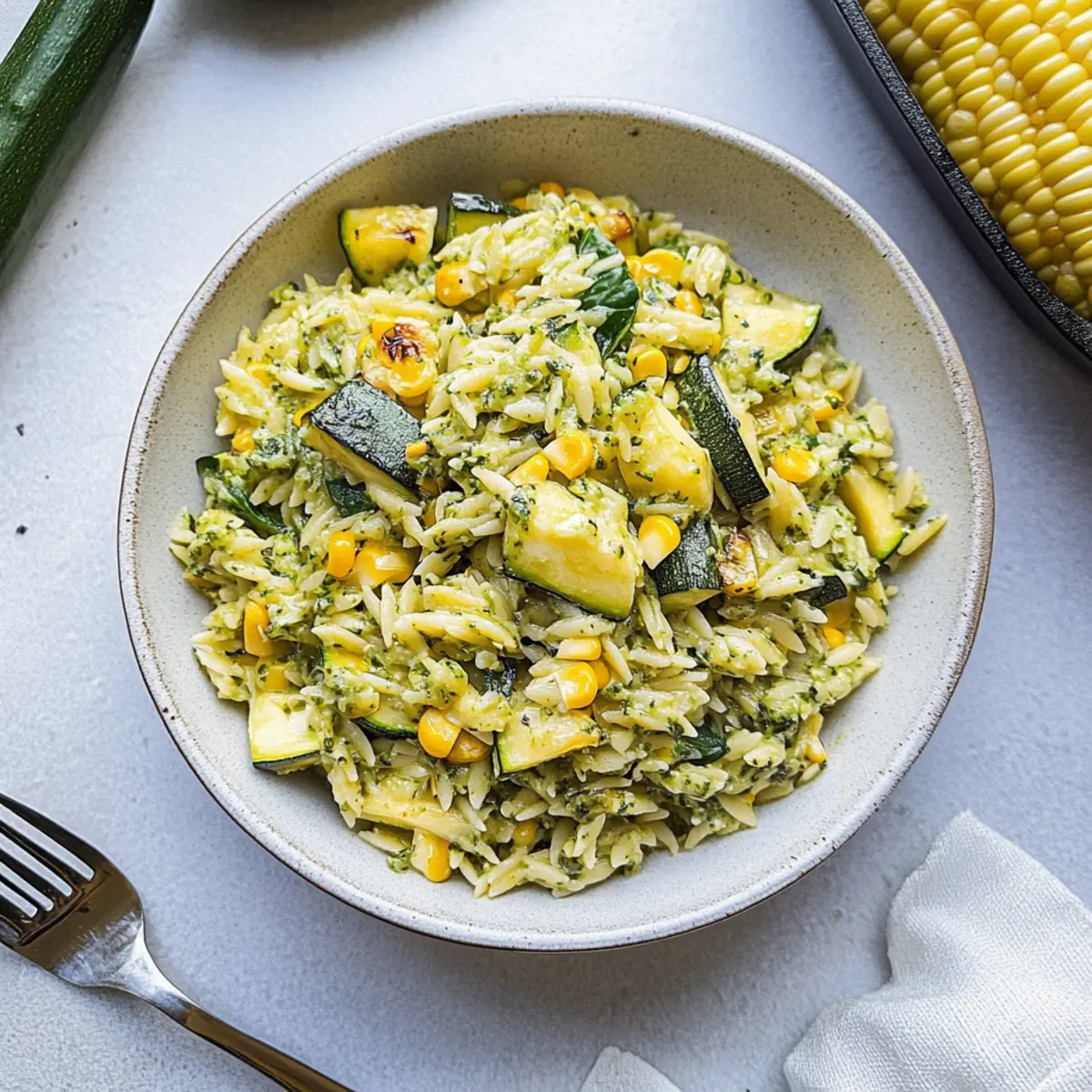 Pesto Zucchini Orzo with Charred Sweet Corn