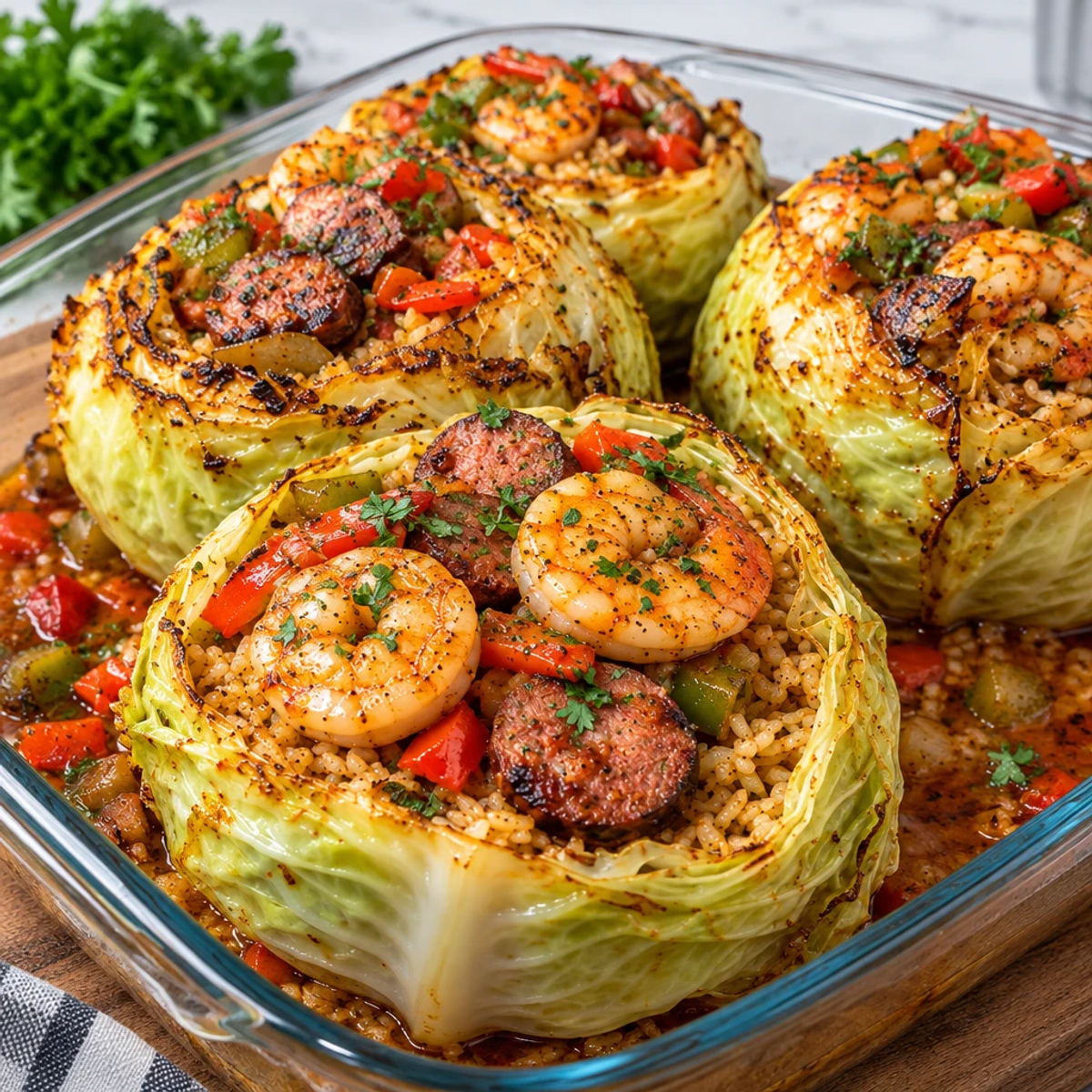 Cajun Shrimp and Beef Sausage Stuffed Cabbage Bowls