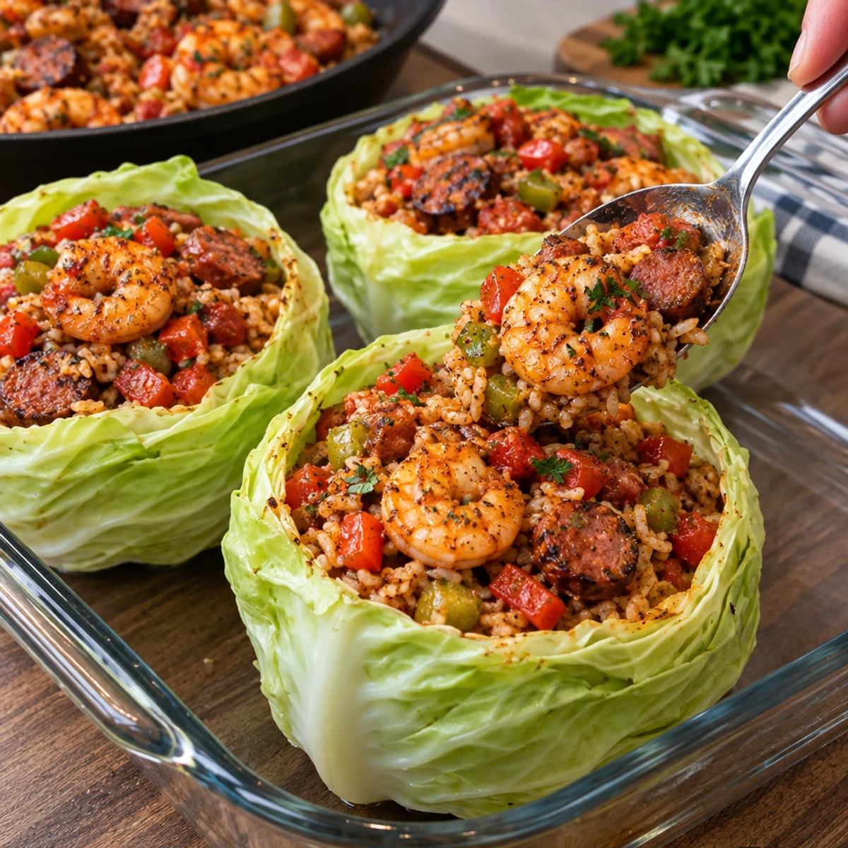 Cajun Shrimp and Beef Sausage Stuffed Cabbage Bowls article image 3